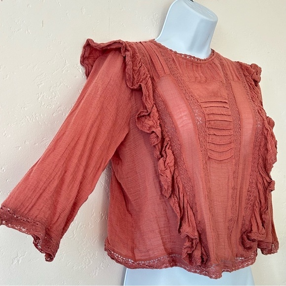 FREE PEOPLE Jasmine Victorian Ruffle Lace Trim Cropped Blouse Rose Size XS - Picture 5 of 13